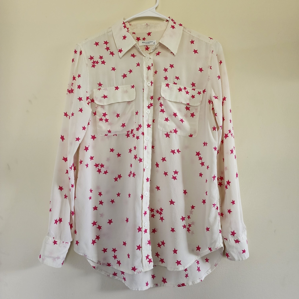 EQUIPMENT Slim Signature Silk Star Print Shirt White/Pink Size Small - Picture 4 of 13